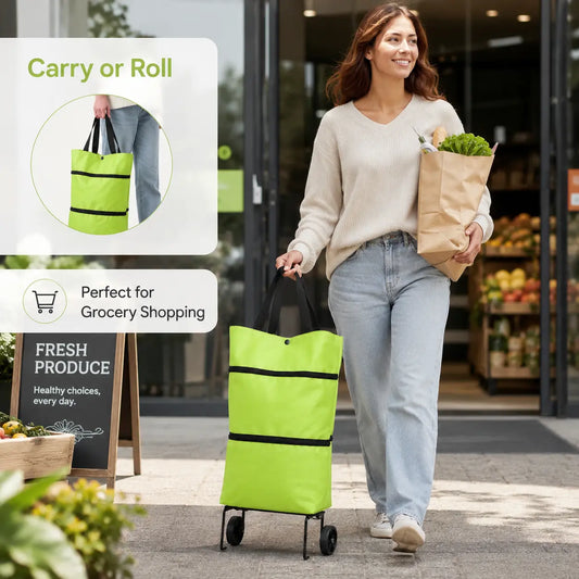 Summer sale:【10inch*18inch】Foldable Shopping Trolley Bag with Wheels, Portable Reusable Grocery Tote, Lightweight Rolling Shopping Cart Bag with Carry Handles for Supermarket, Travel, Laundry and Daily Use