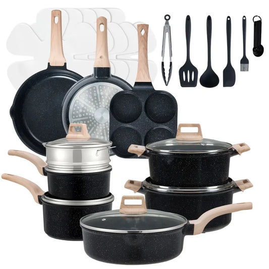25-teiliges Antihaft-Keramik-Granit-Kochgeschirr-Set mit kühl bleibenden Griffen, Induktions-kompatibles Topf- und Pfannen-Set für gesundes Kochen