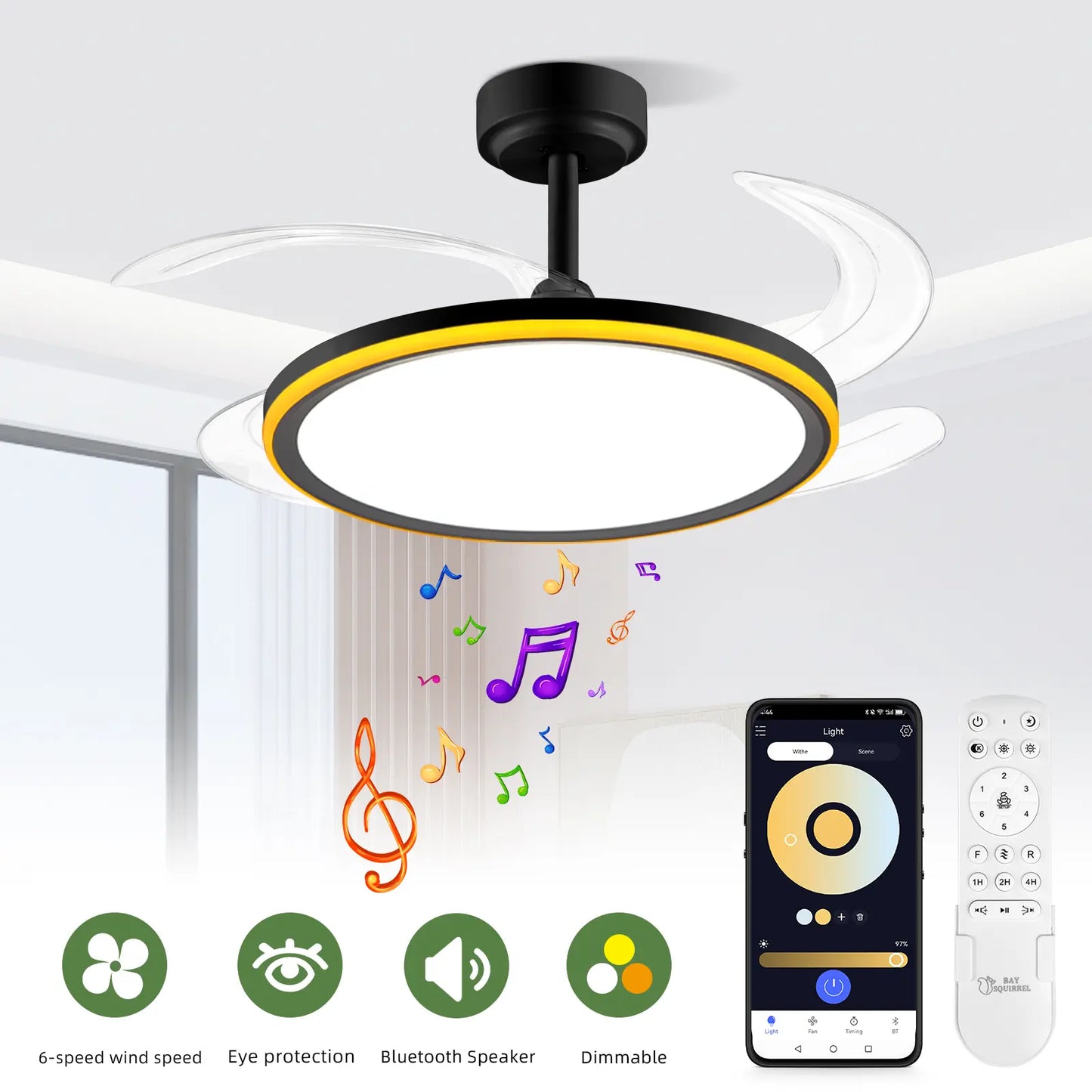 Bultenplug 42" Retractable Ceiling Fan Light - Dimmable RGB, 24-Hour Timer, 6-Speed Silent Motor & App Control