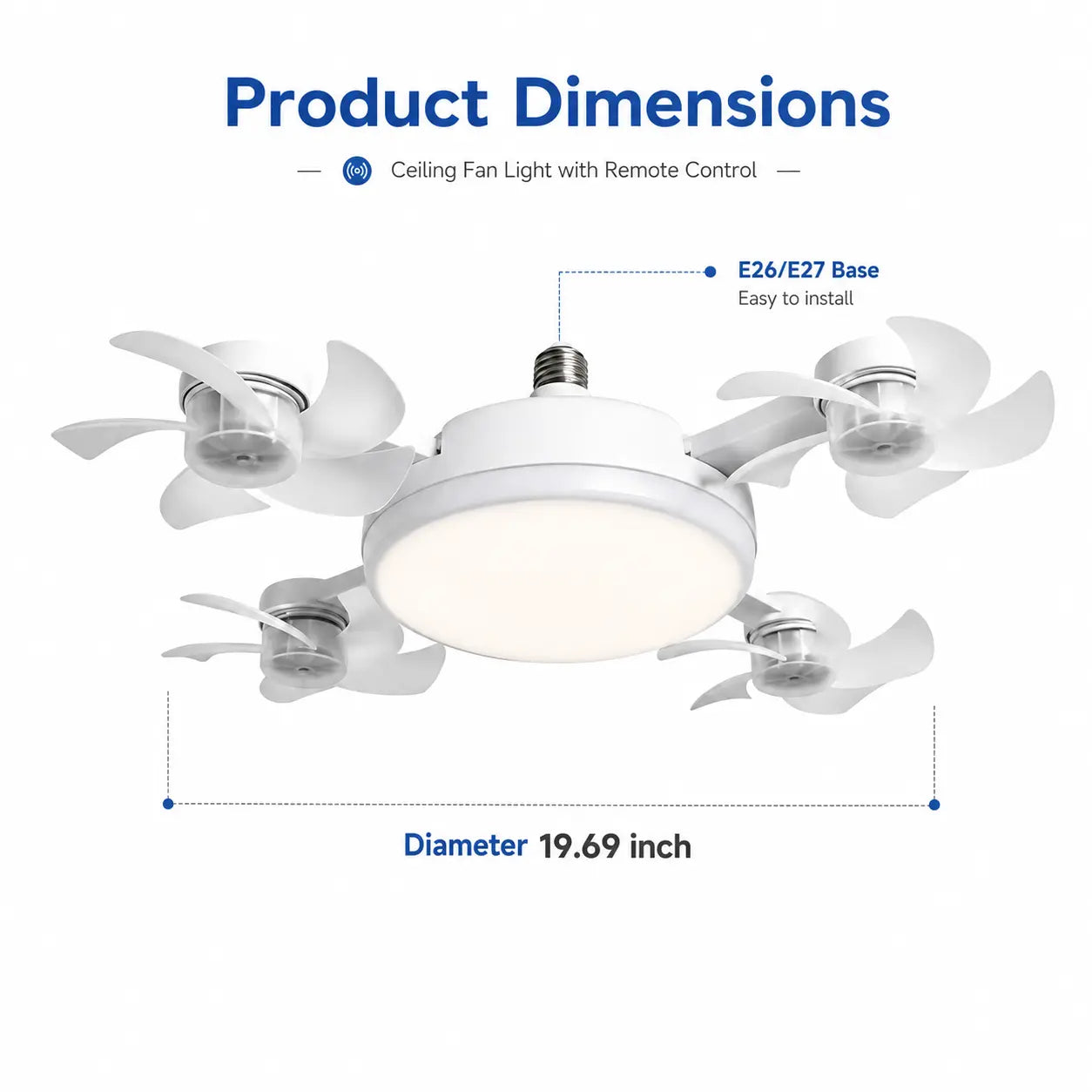 19.69" Screw-In Foldable Ceiling Fan Light with Remote (E26/E27 Socket)