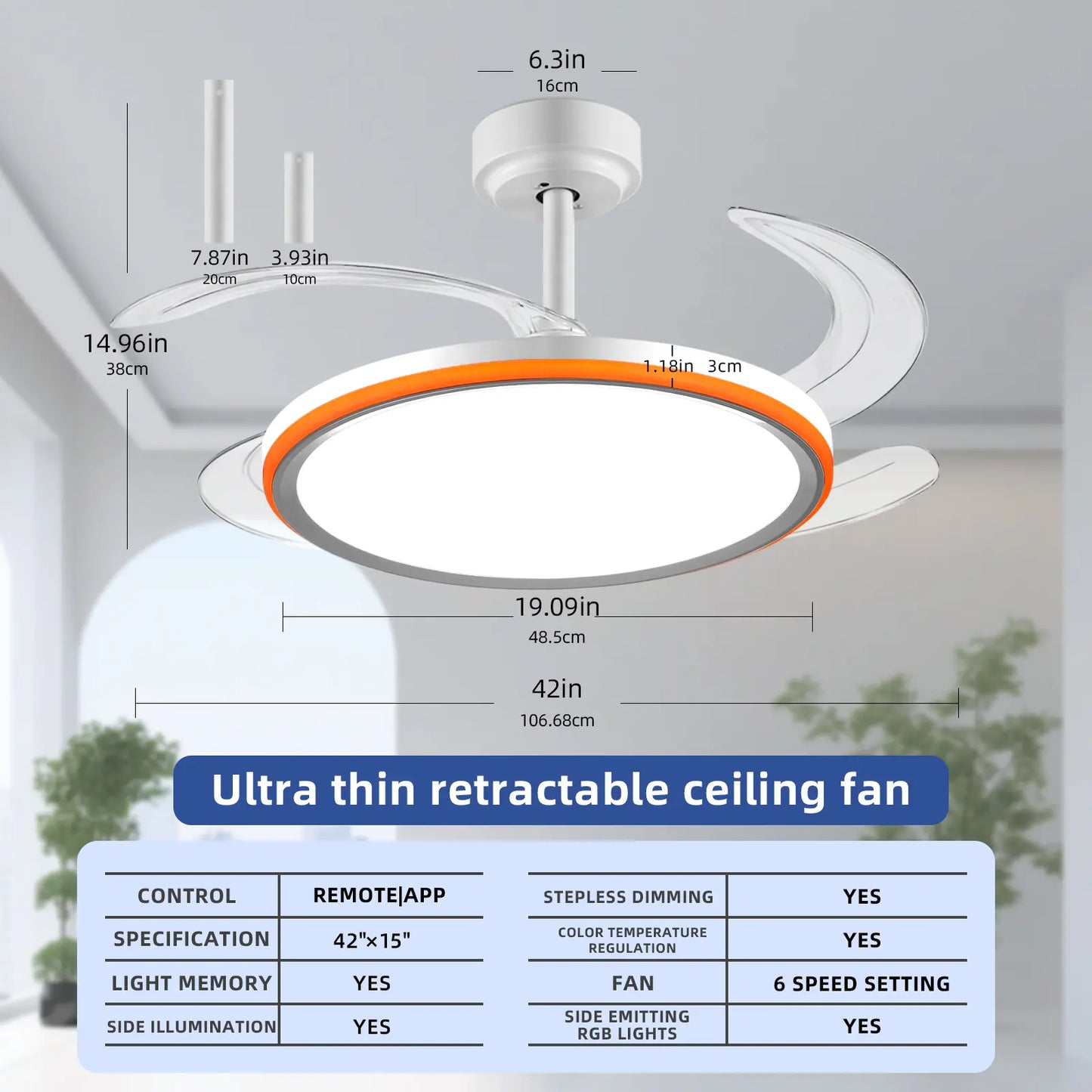 Bultenplug 42" Retractable Ceiling Fan Light - Dimmable RGB, 24-Hour Timer, 6-Speed Silent Motor & App Control