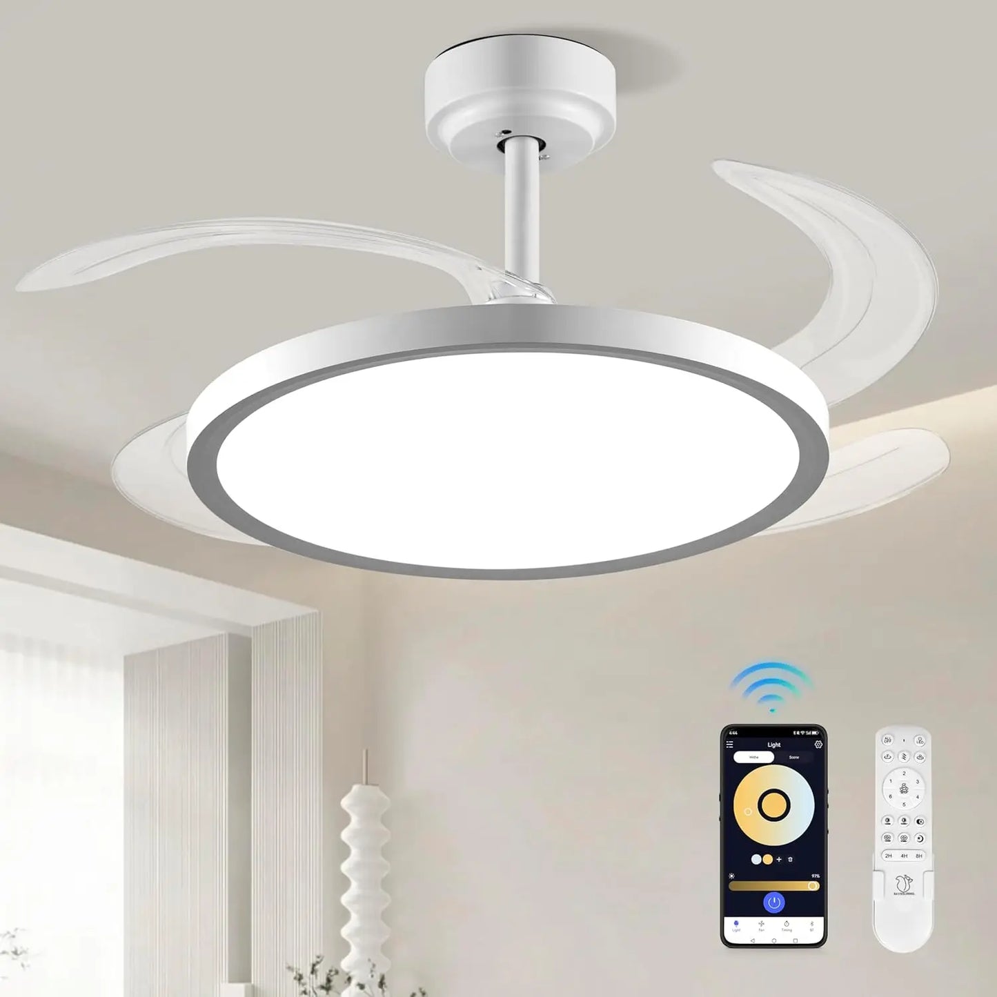 Bultenplug 42" Retractable Ceiling Fan Light - Dimmable RGB, 24-Hour Timer, 6-Speed Silent Motor & App Control