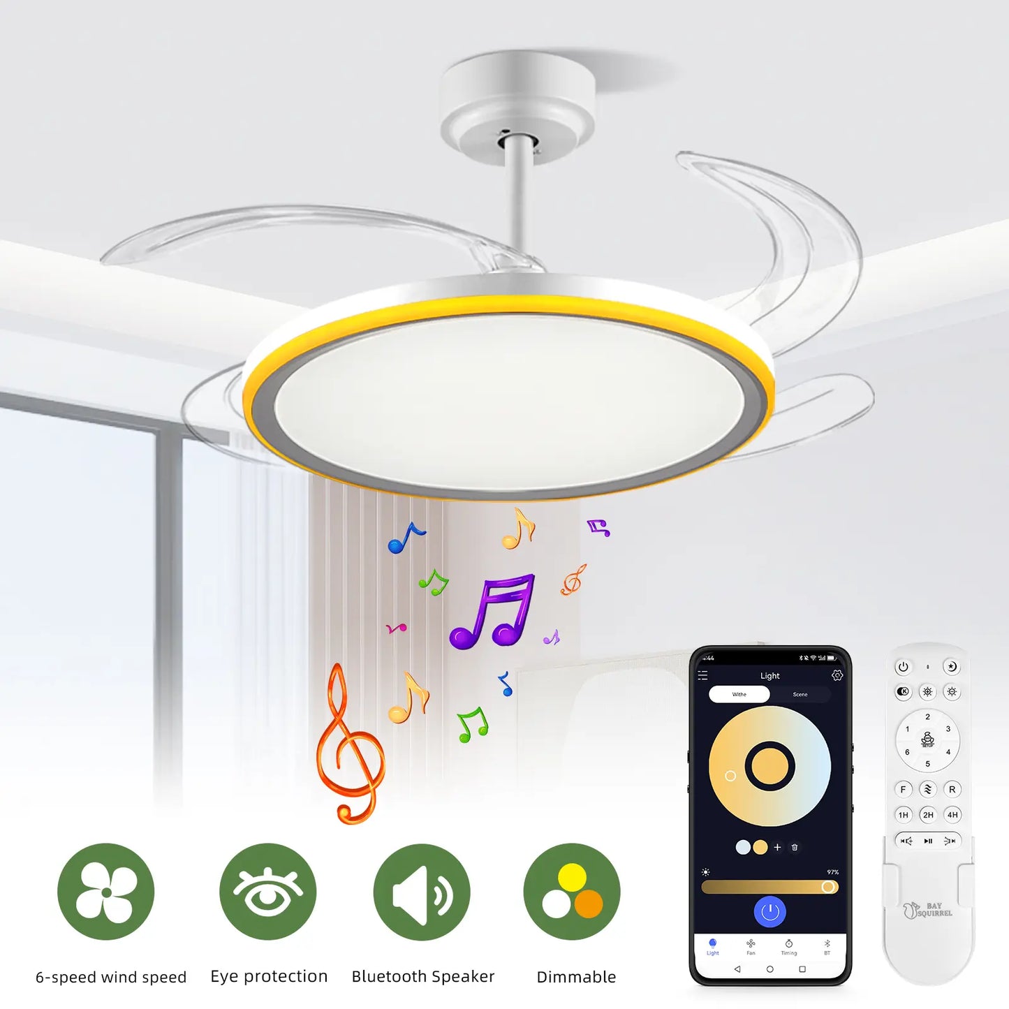 Bultenplug 42" Retractable Ceiling Fan Light - Dimmable RGB, 24-Hour Timer, 6-Speed Silent Motor & App Control