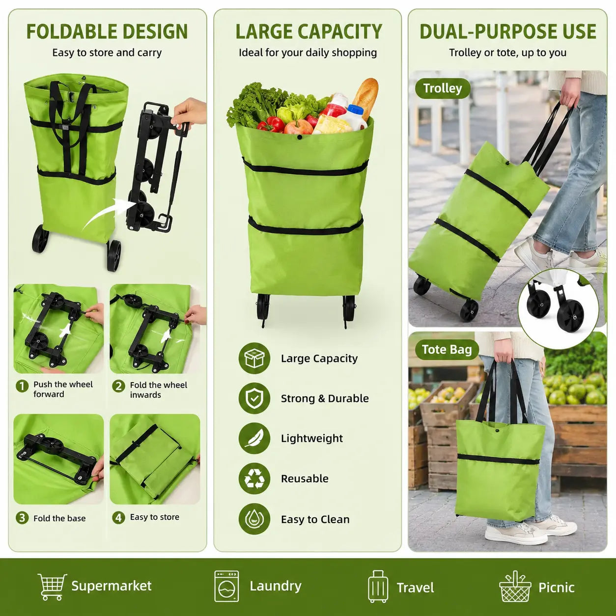 Summer sale：【10inch*18inch】Foldable Shopping Trolley Bag with Wheels, Portable Reusable Grocery Tote, Lightweight Rolling Shopping Cart Bag with Carry Handles for Supermarket, Travel, Laundry and Daily Use