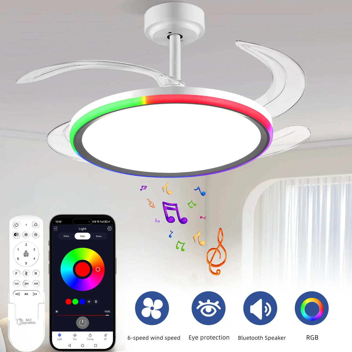 Bultenplug 42" Retractable Ceiling Fan Light - Dimmable RGB, 24-Hour Timer, 6-Speed Silent Motor & App Control