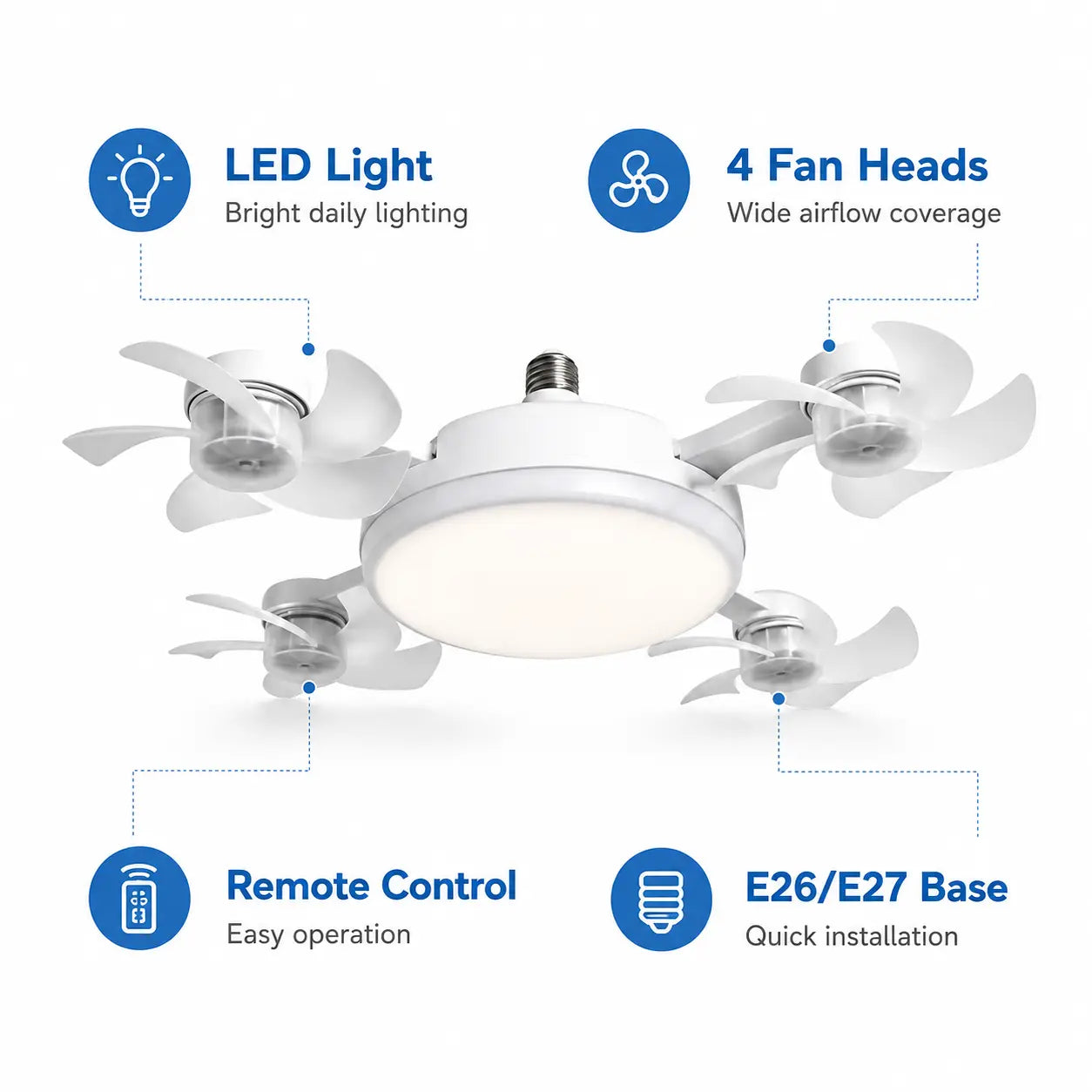 19.69" Screw-In Foldable Ceiling Fan Light with Remote (E26/E27 Socket)