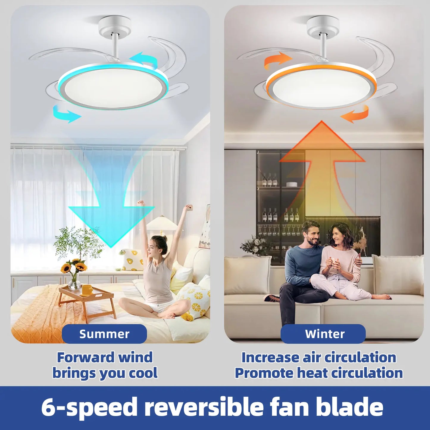 Bultenplug 42" Retractable Ceiling Fan Light - Dimmable RGB, 24-Hour Timer, 6-Speed Silent Motor & App Control