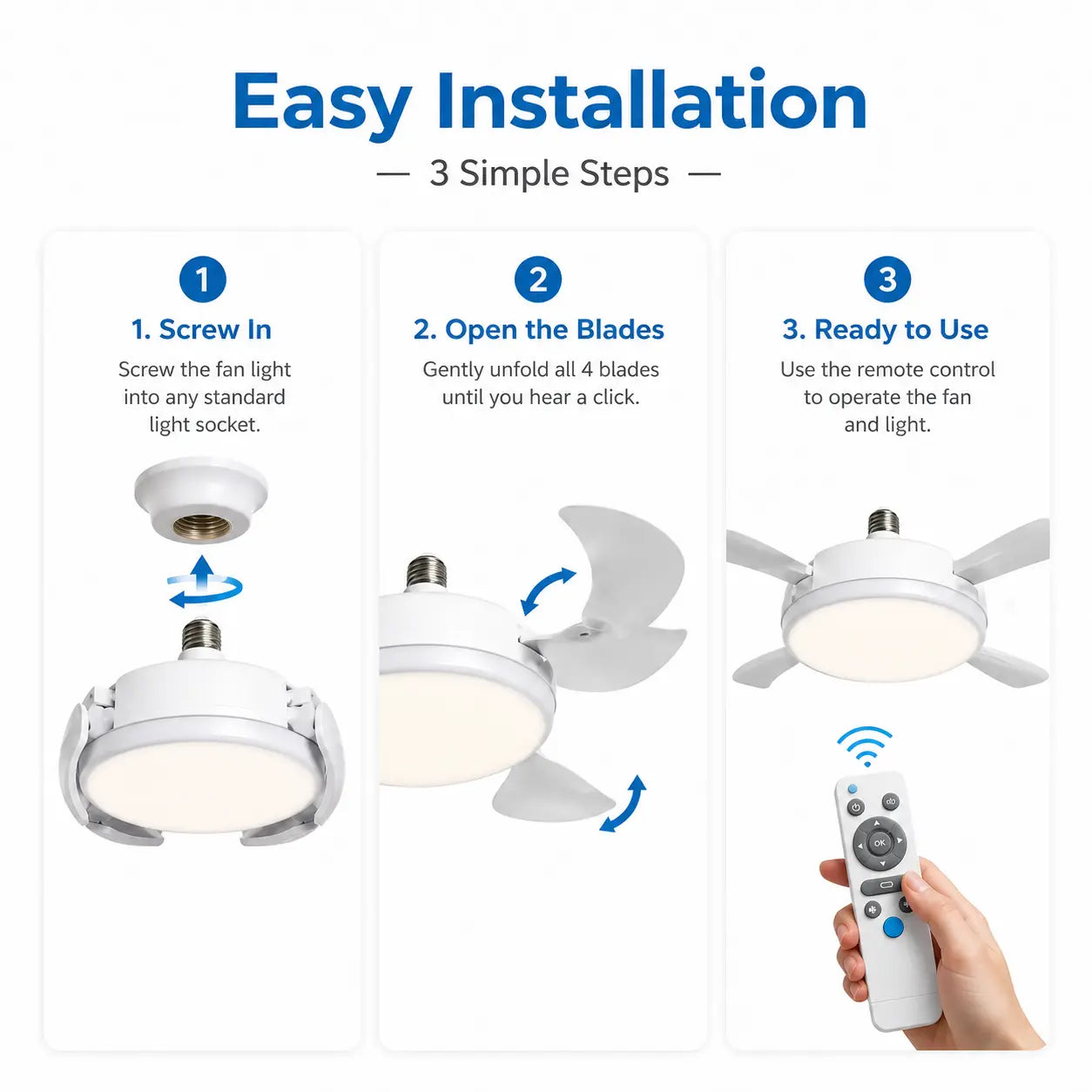 19.69" Screw-In Foldable Ceiling Fan Light with Remote (E26/E27 Socket)