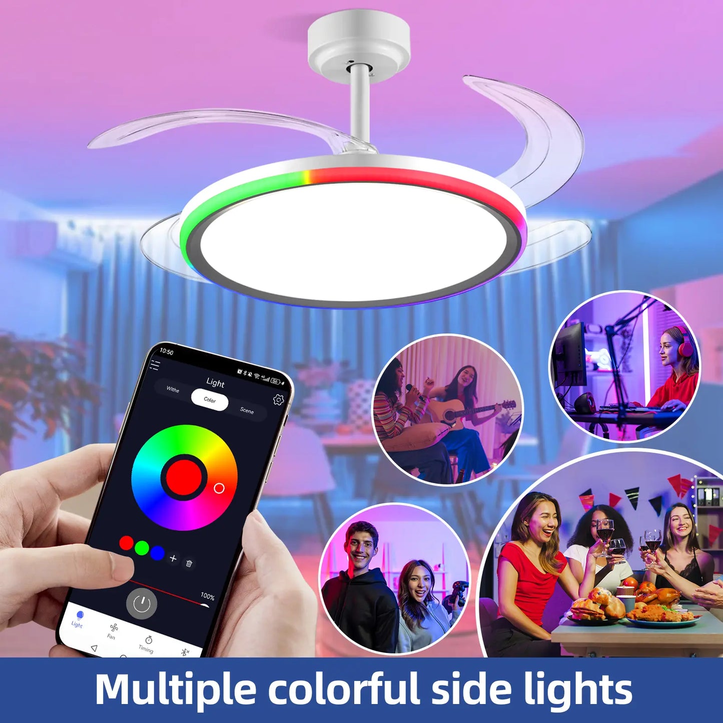 Bultenplug 42" Retractable Ceiling Fan Light - Dimmable RGB, 24-Hour Timer, 6-Speed Silent Motor & App Control