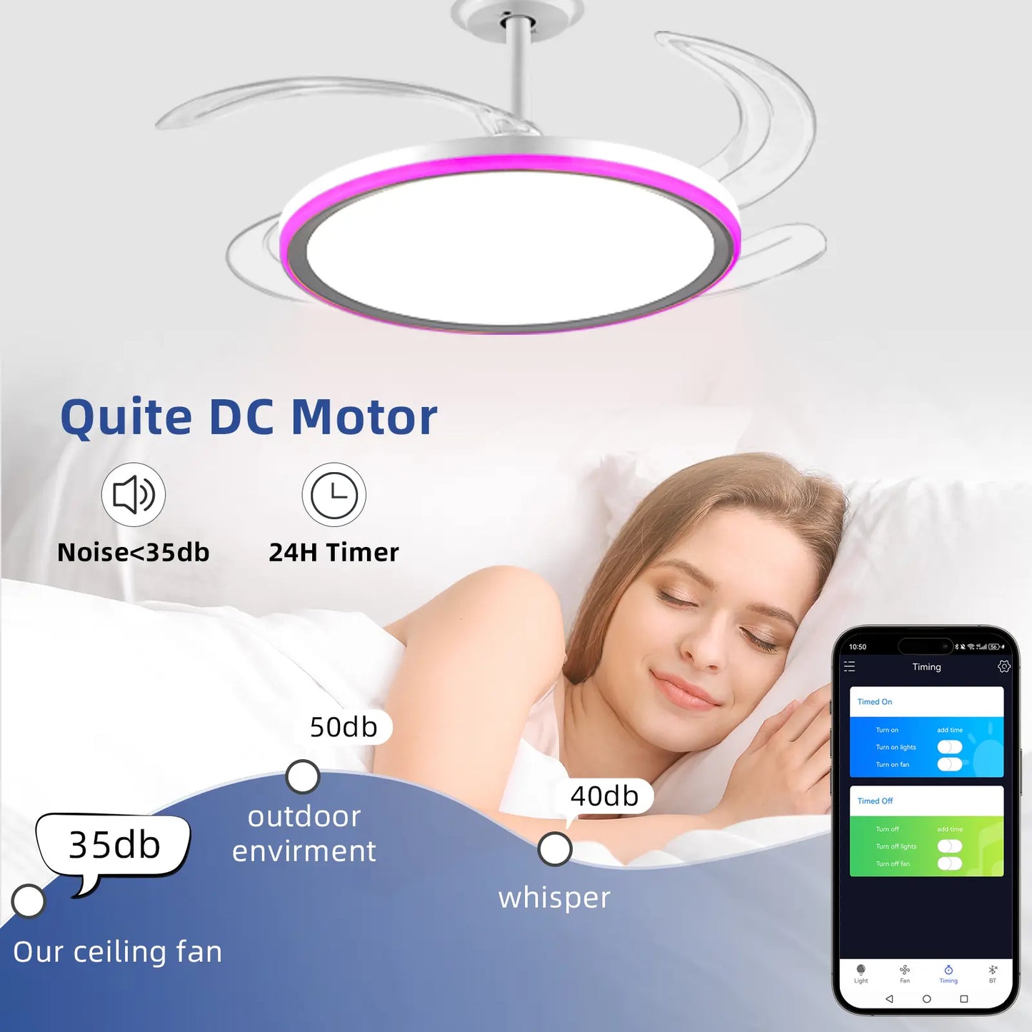 Bultenplug 42" Retractable Ceiling Fan Light - Dimmable RGB, 24-Hour Timer, 6-Speed Silent Motor & App Control