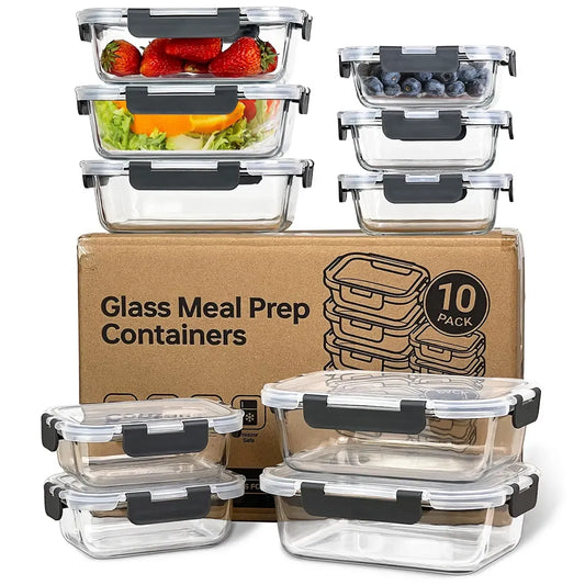 Frühlingsangebot Glas-Lebensmittelbehälter-Set 10-teilig BPA-frei & auslaufsicher Mehrfarbige Küchenutensilien für Essenszubereitung, Mikrowelle, Backofen, Gefrierschrank, Spülmaschine Wiederverwendbar Stapelbar Tragbar