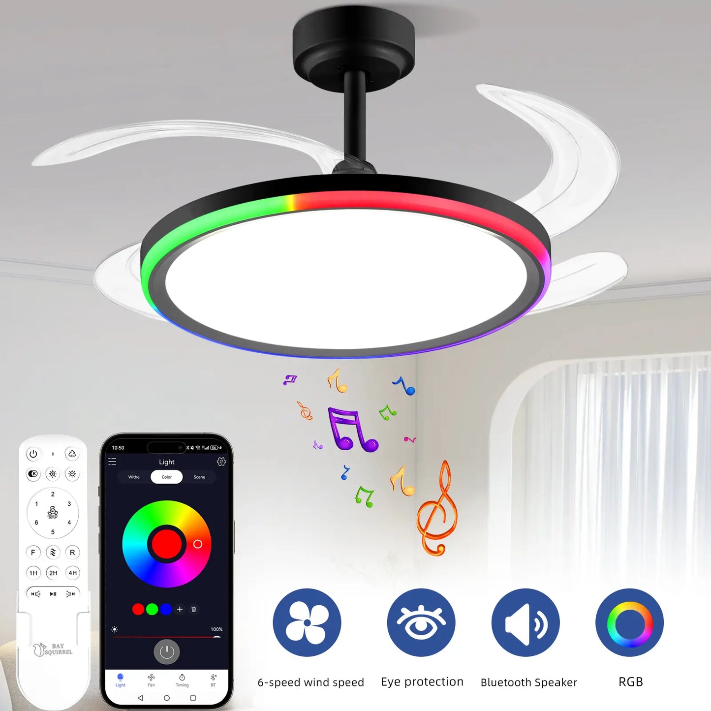 Bultenplug 42" Retractable Ceiling Fan Light - Dimmable RGB, 24-Hour Timer, 6-Speed Silent Motor & App Control