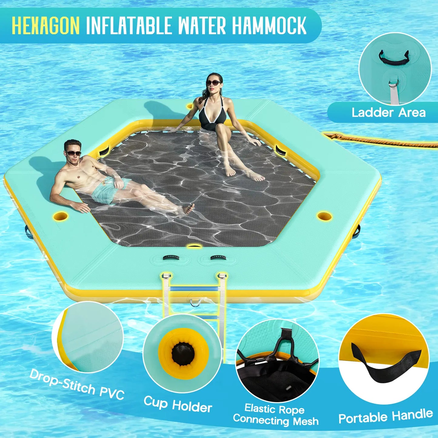 🌊 8FT/10FT Hexagon/Circle/Triangle Inflatable Water Hammock for Adults, Fun for Kids Ages 3+, Floating Raft Dock Platform with Mesh, Heavy Duty Water Float Dock for Lake, Beach, Summer Party 💧🌊