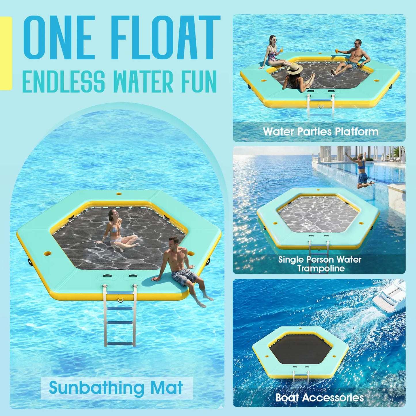 🌊 8FT/10FT Hexagon/Circle/Triangle Inflatable Water Hammock for Adults, Fun for Kids Ages 3+, Floating Raft Dock Platform with Mesh, Heavy Duty Water Float Dock for Lake, Beach, Summer Party 💧🌊