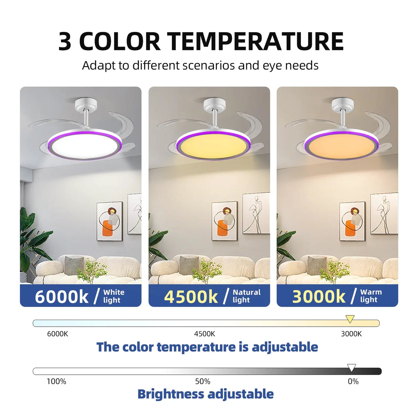 Bultenplug 42" Retractable Ceiling Fan Light - Dimmable RGB, 24-Hour Timer, 6-Speed Silent Motor & App Control