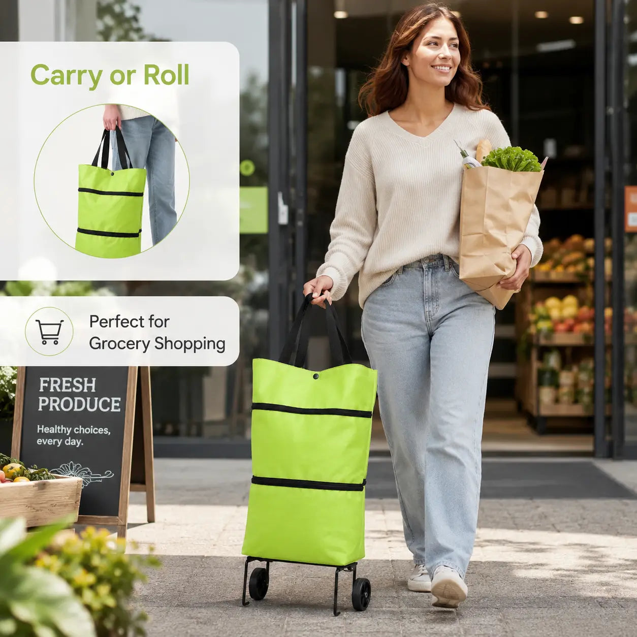 Summer sale：【10inch*18inch】Foldable Shopping Trolley Bag with Wheels, Portable Reusable Grocery Tote, Lightweight Rolling Shopping Cart Bag with Carry Handles for Supermarket, Travel, Laundry and Daily Use