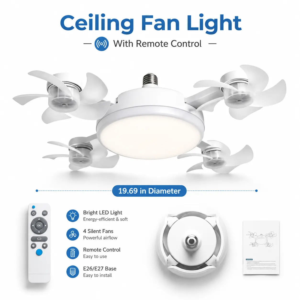 19.69" Screw-In Foldable Ceiling Fan Light with Remote (E26/E27 Socket)