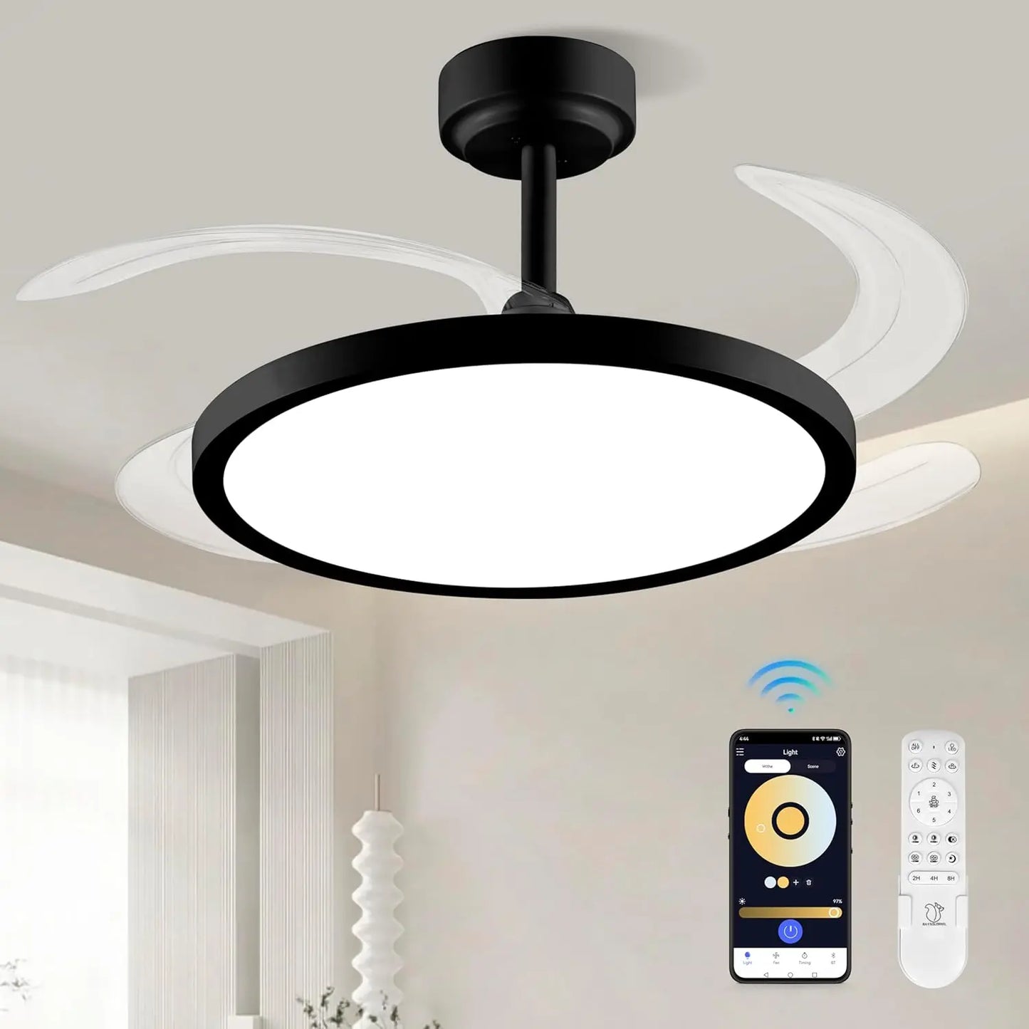 Bultenplug 42" Retractable Ceiling Fan Light - Dimmable RGB, 24-Hour Timer, 6-Speed Silent Motor & App Control