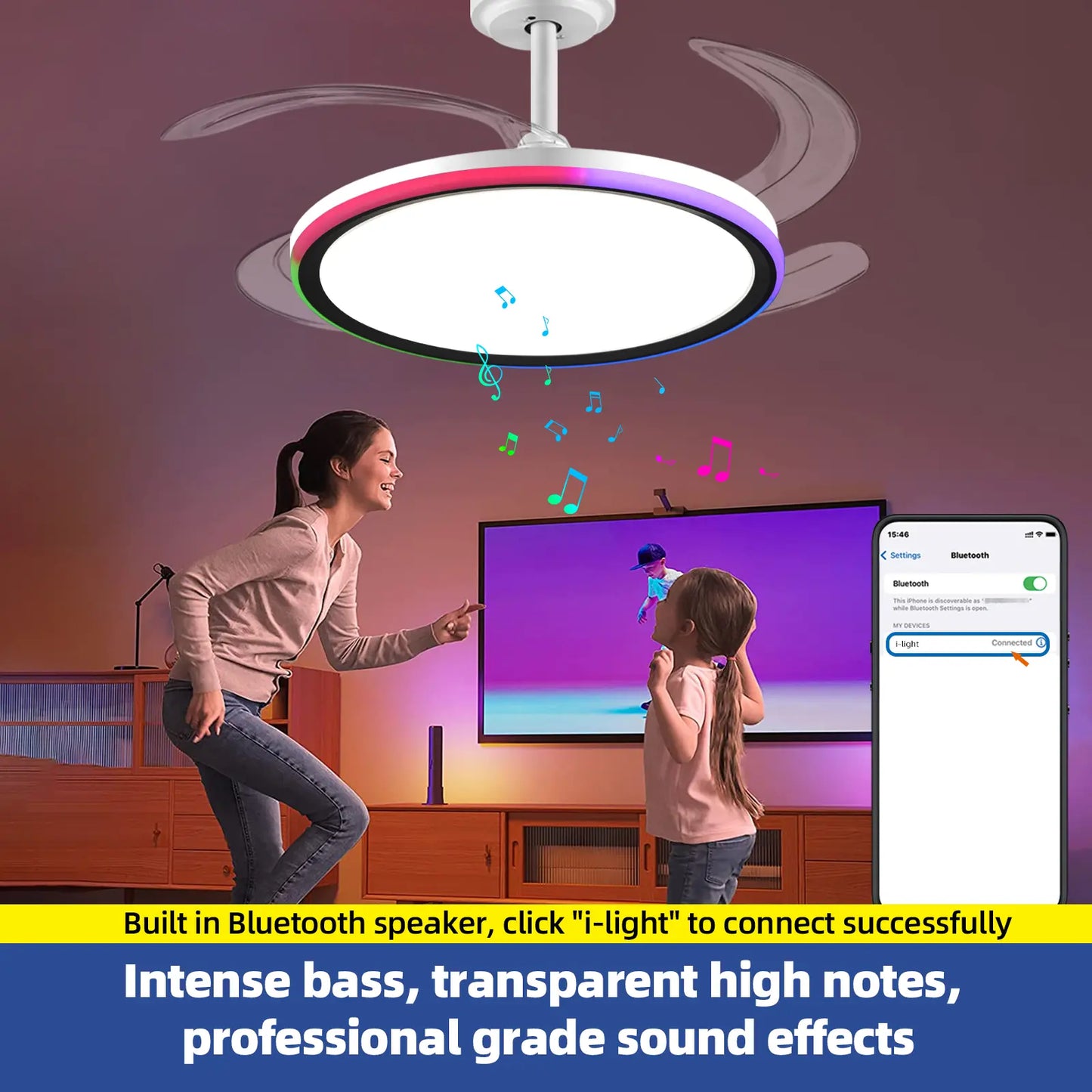 Bultenplug 42" Retractable Ceiling Fan Light - Dimmable RGB, 24-Hour Timer, 6-Speed Silent Motor & App Control